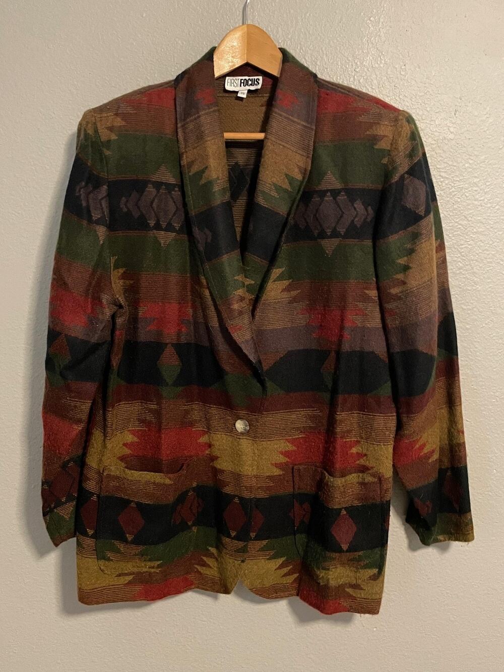 Vintage First Focus Blazer Womens 7/8 Multicolor Southwestern Geometric 90s